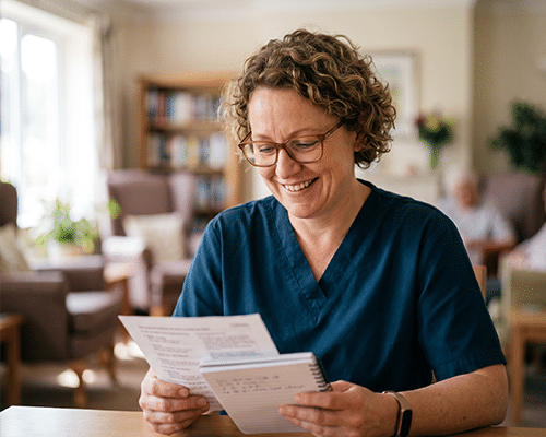 Curly haired nurse reading notes